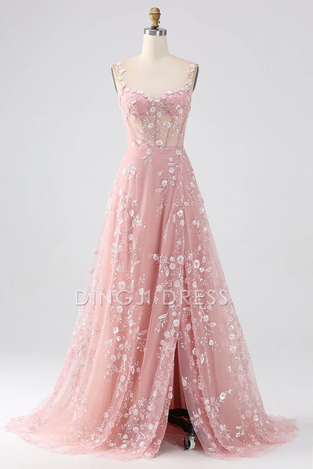 DingJiDress High Quality Dress Exquisite A Line Spaghetti Straps Romantic Floral Corset Long With Slit Prom Dress