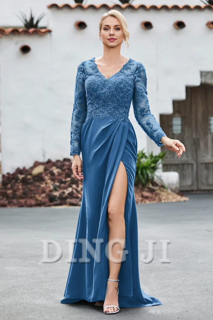 DingJiDress Mother of the Bride Dresses Lace Applique V-neck Long Sleeves High Slit Elegant Dignified Dress Wedding Guests Dresses