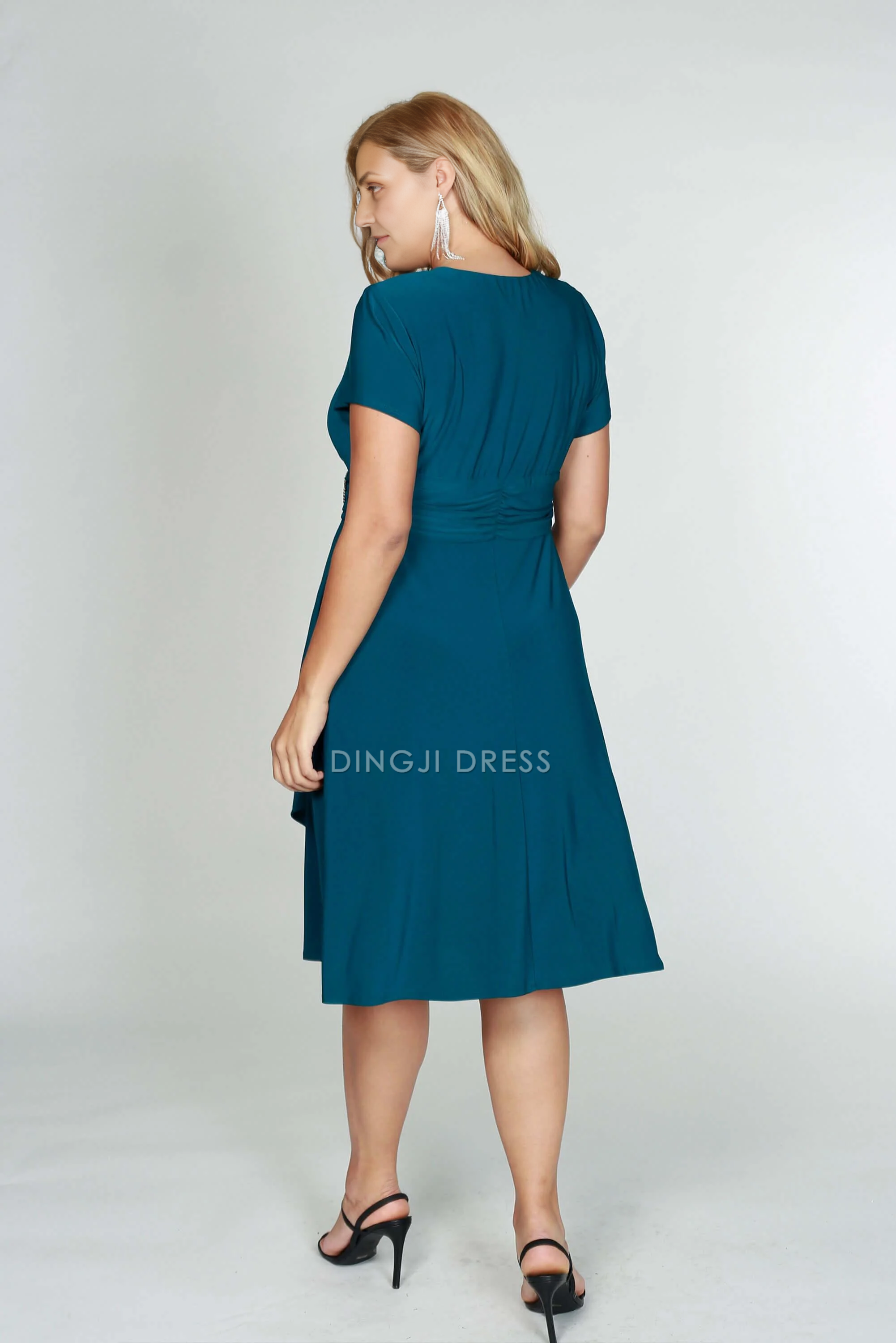 DingJiDress Evening Dress V Neck Short Sleeve Ruched Tea-Length Beautiful Modest Plus Size Mother Of The Bride Dress