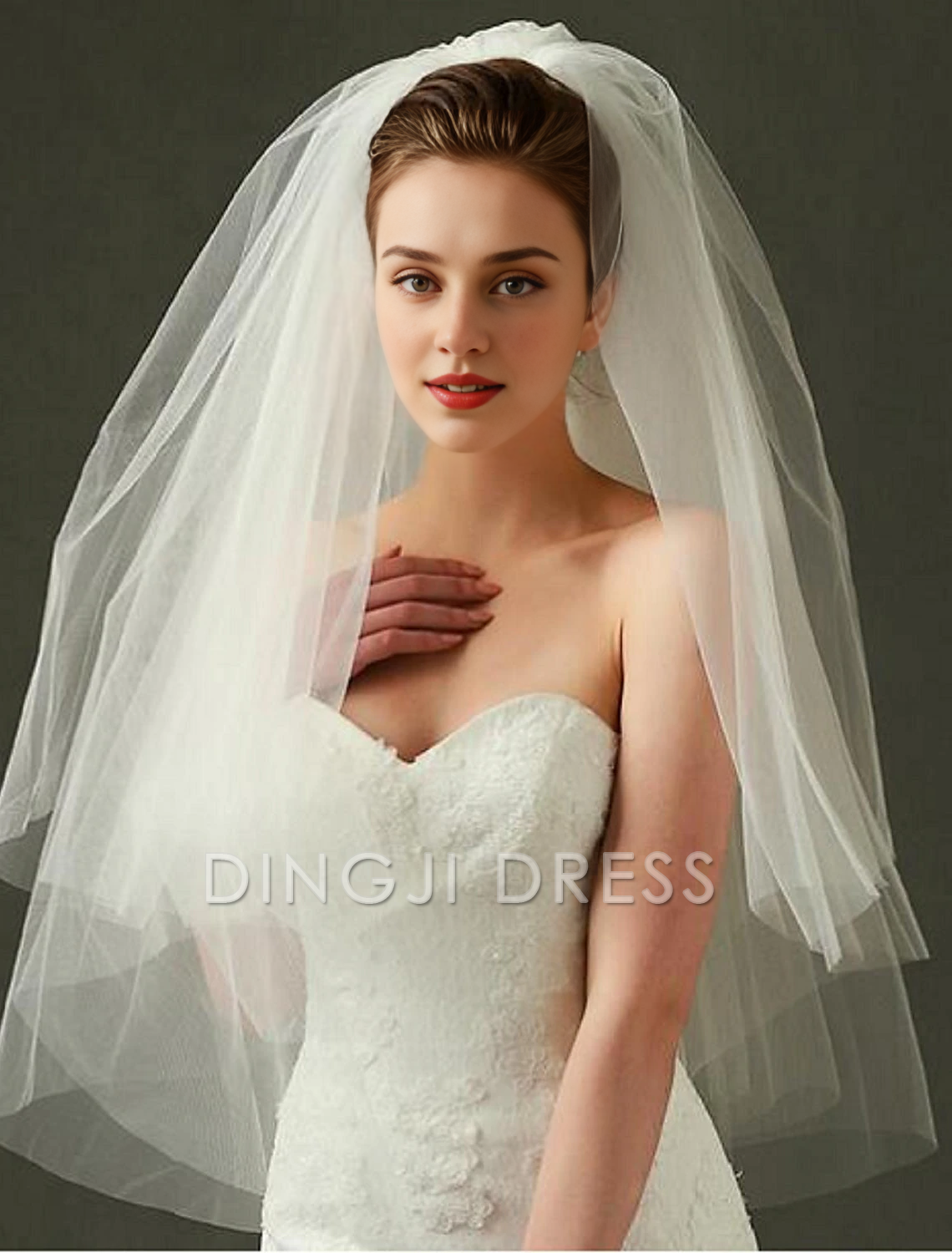 Ding Ji Two-tier Cut Edge Wedding Veil Blusher Veils Fingertip Veils Tulle dress to impress Romantic Veil