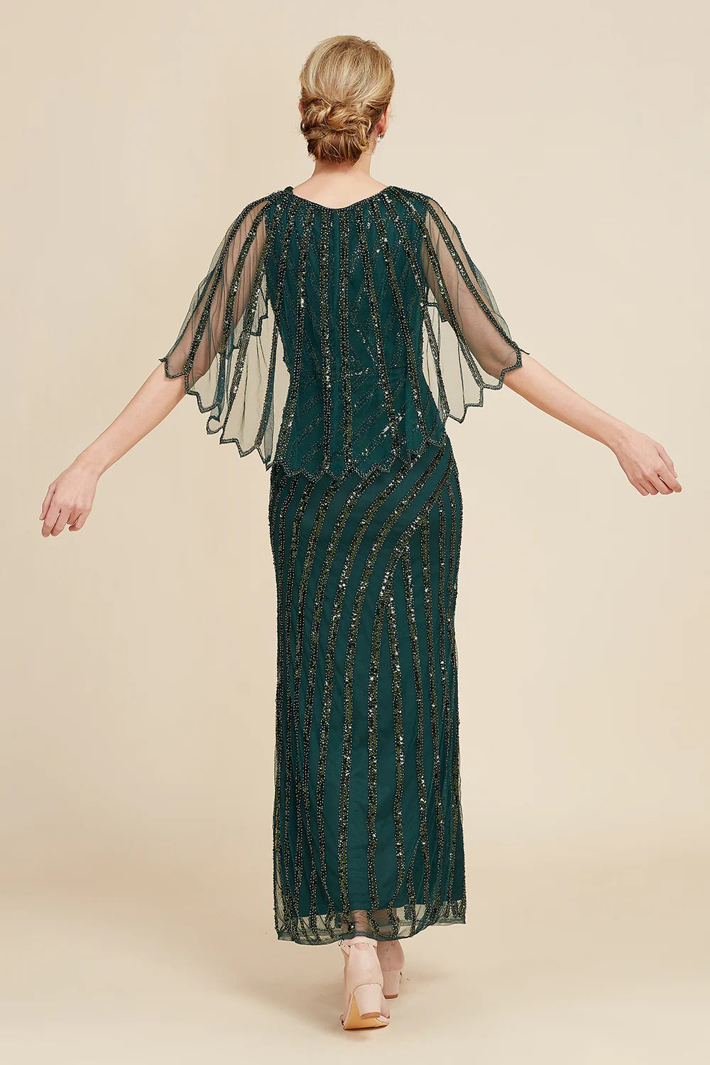 DingJiDress Elegant Dark Green Sheath Sequins Round Neck Mother Of Bride Dress with Cape Sleeves Dress For A Wedding Guest