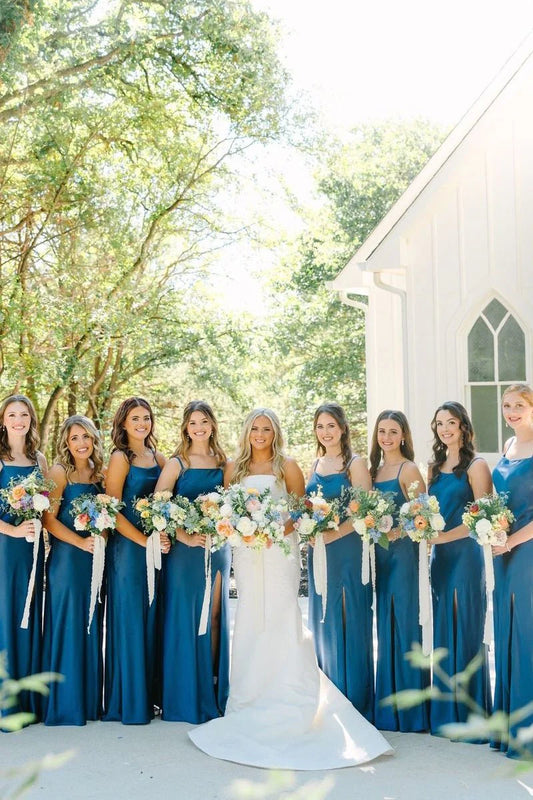 Elegant Simple Blue Sheath Spaghetti Straps Sleeveless Backless with Bow BackSheath Side Fork Floor Length Bridesmaid Dresses