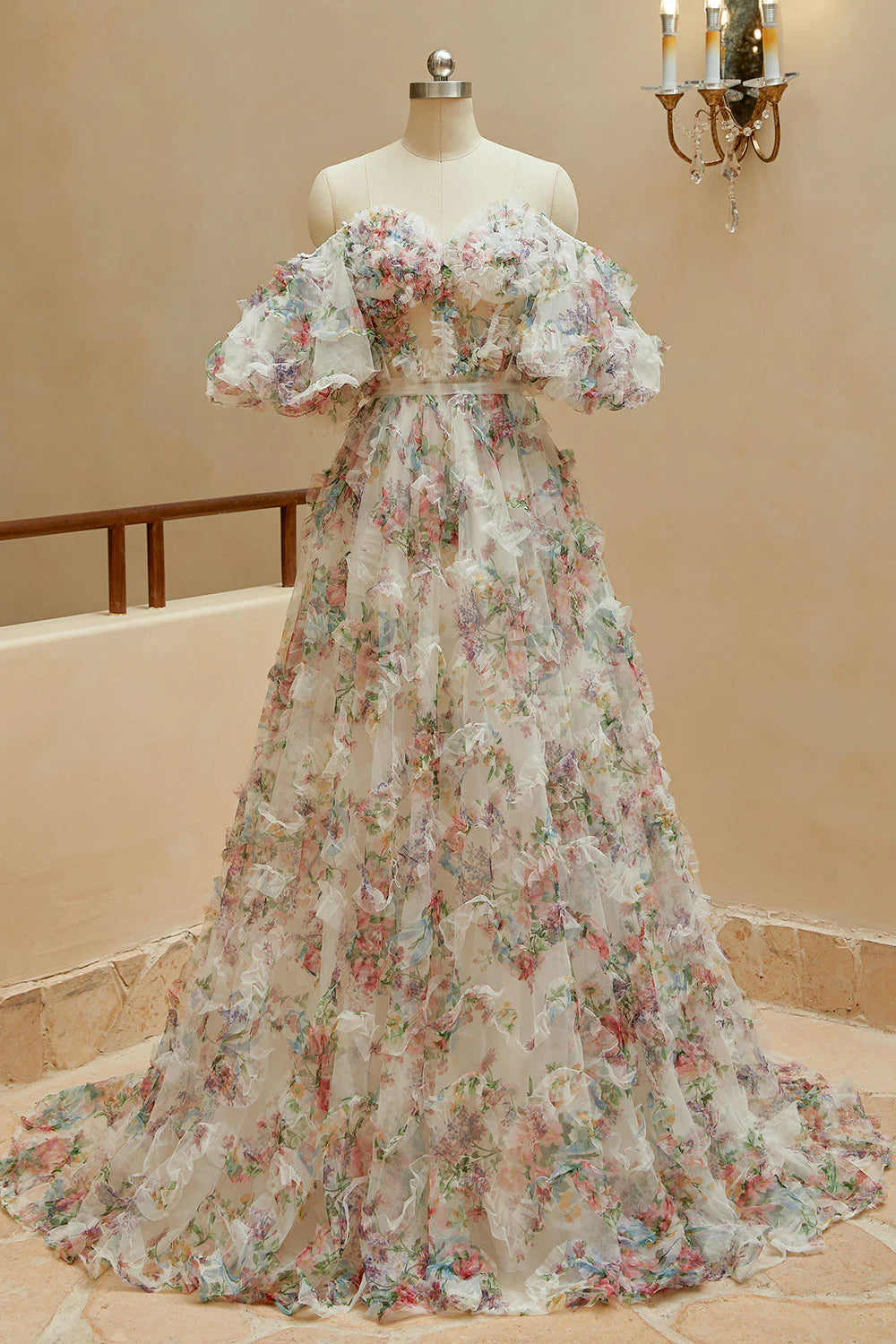 DingJiDress A Line Sweetheart Ruffles Sweep Train Floral Printed Chiffon Prom Dresses