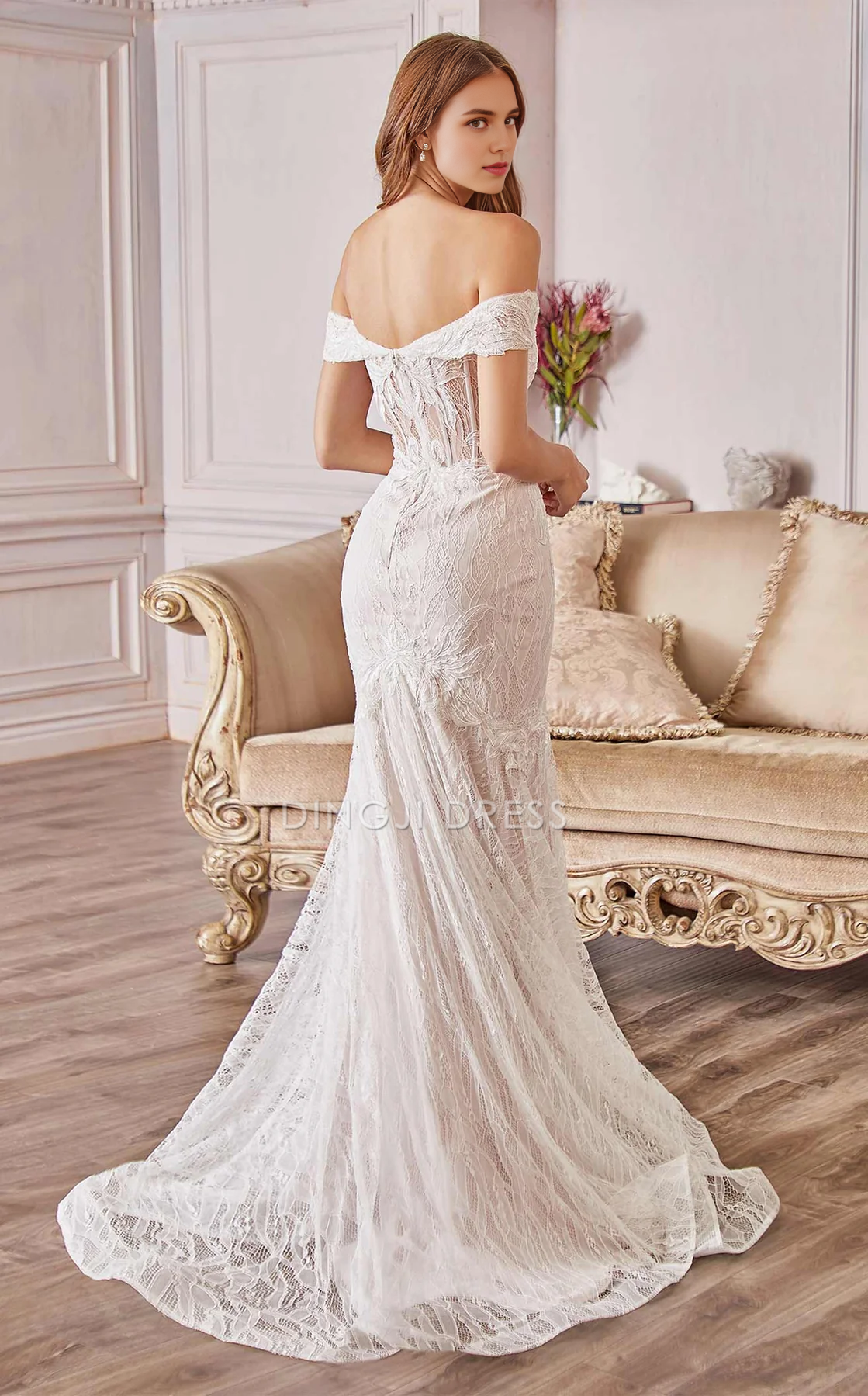 DingJiDress Hot Sale Wedding Dress Gorgeous Mermaid Strapless Off the shoulder sweetheart Neckline Exquisite Lace Sweep Train Formal Wear Dresses