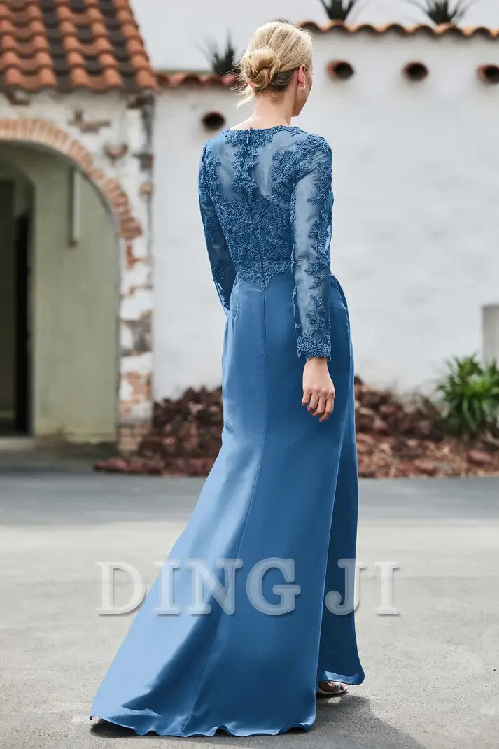 DingJiDress Mother of the Bride Dresses Lace Applique V-neck Long Sleeves High Slit Elegant Dignified Dress Wedding Guests Dresses