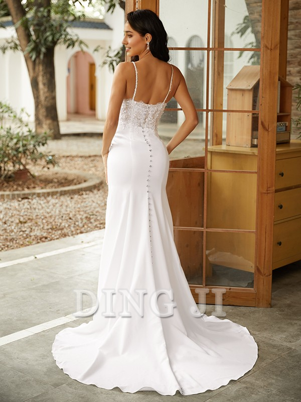 DingJiDress Wedding Dresses Mermaid Sheath/Column Stretch Crepe Lace V-neck Sleeveless Sweep/Brush Train Exquisite Elegant Wedding Guests Dresses