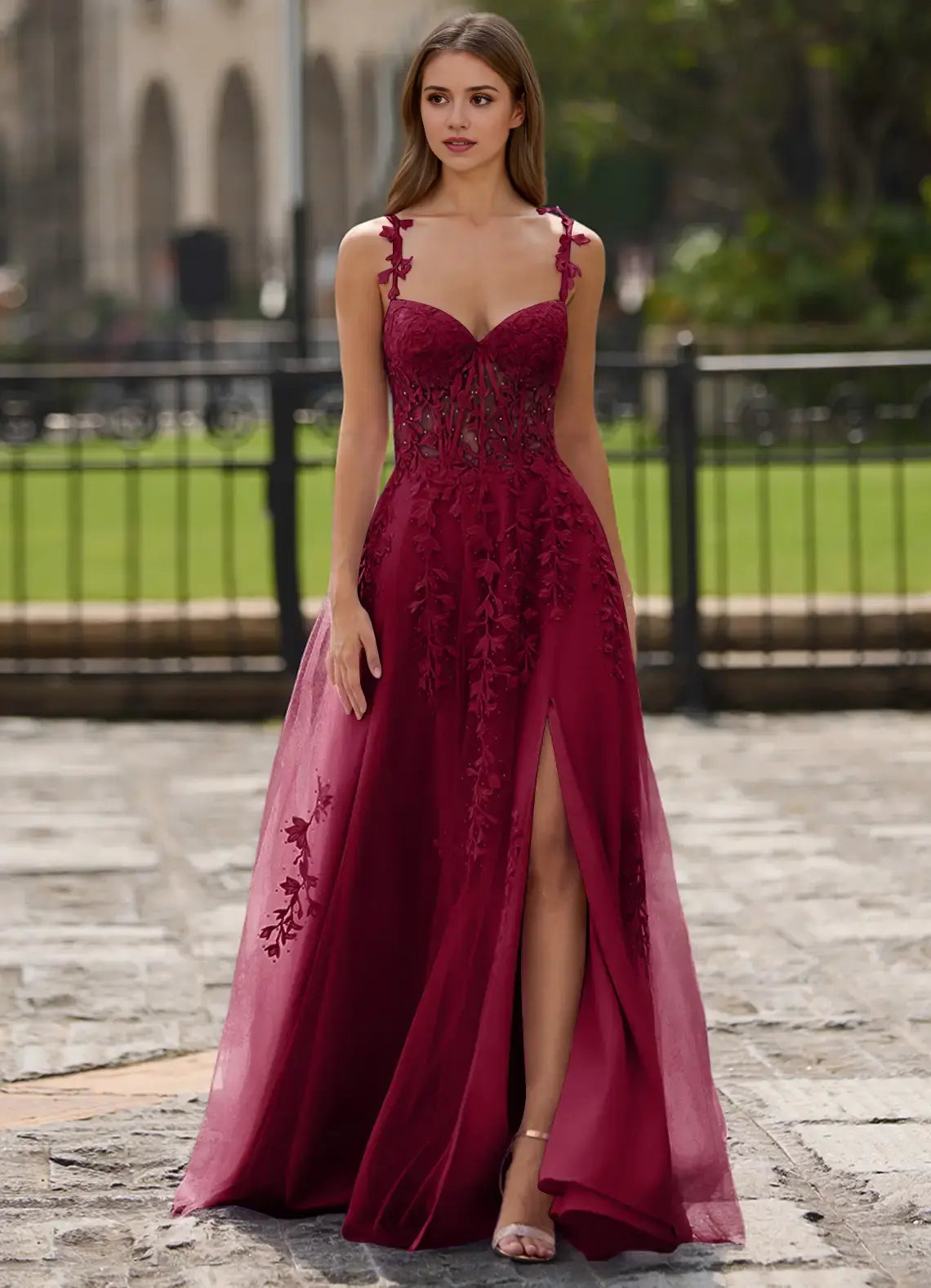 Burgundy A-line Sweetheart Neckline Spaghetti Strap Lace Applique Backless Affordable Formal Dress Cute Prom Dress
