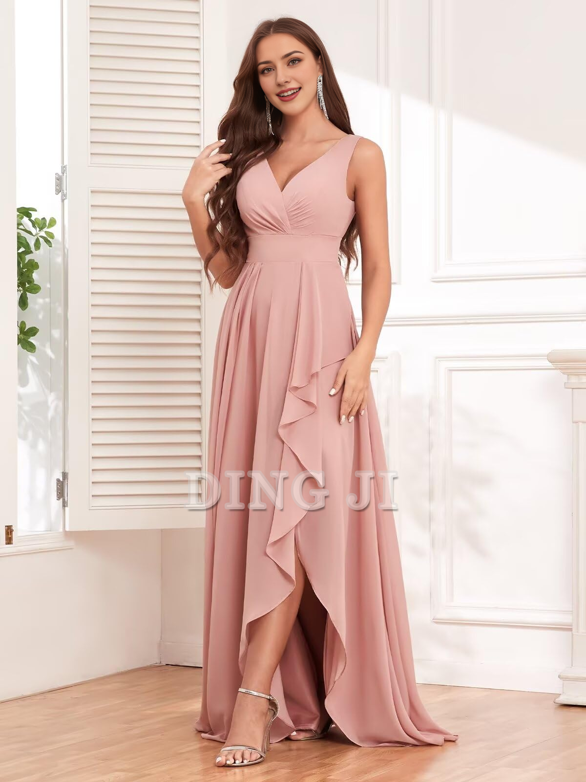 DingJiDress Bridesmaid Dresses Elegant V Neck Chiffon Side Fork Long Formal Wear Dresses