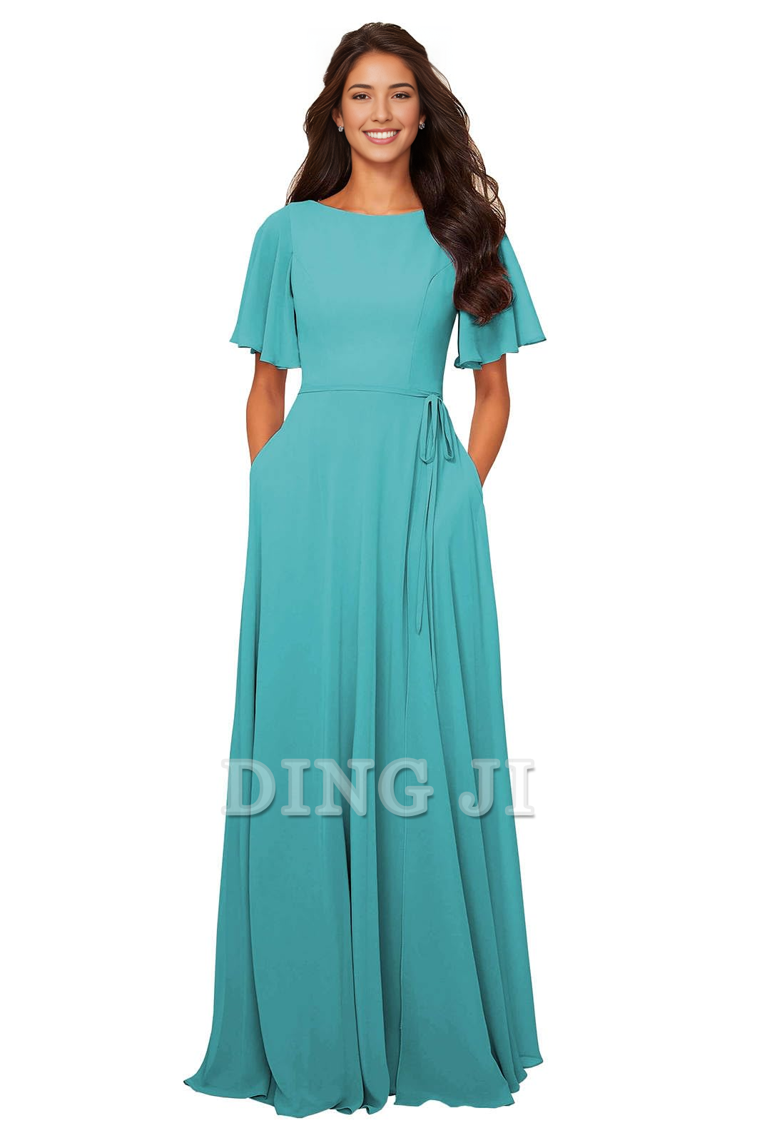 DingJiDress Bridesmaid Dresses Chiffon Modest A Line Bateau Neck Flutter Sleeve Elegant Formal Wear Dresses