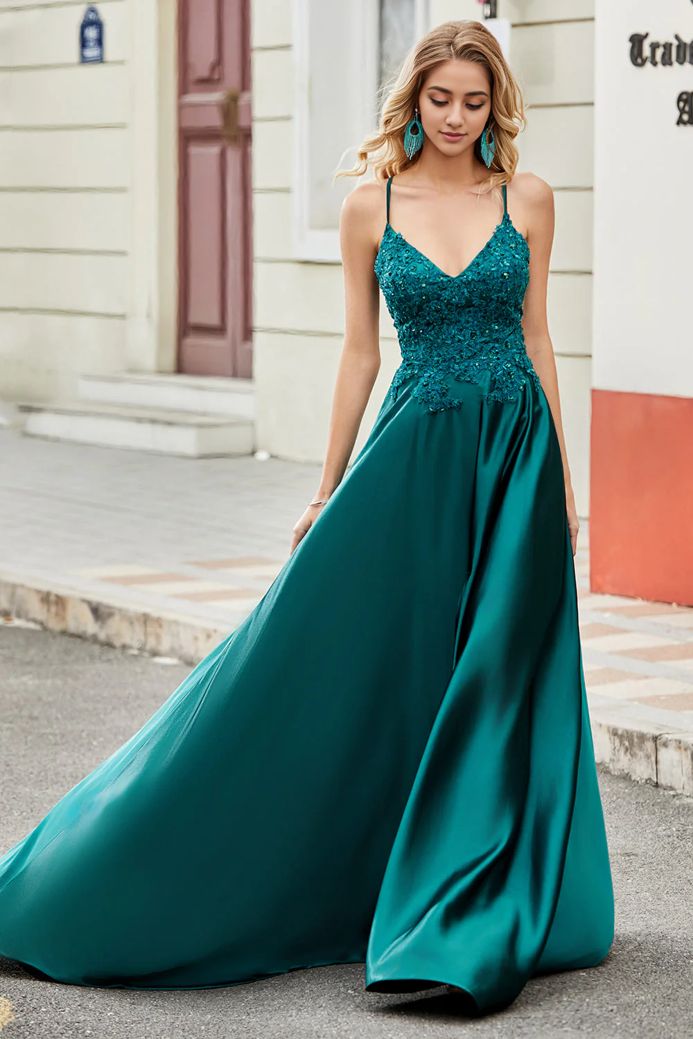 DingJiDress High Quality Dress Exquisite A Line Spaghetti Straps Backless Long With Appliques Side Fork Prom Dress
