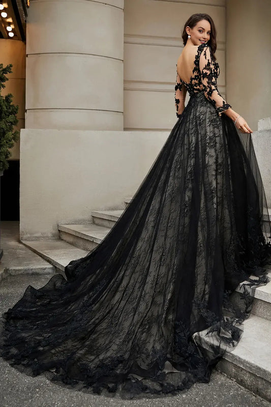 A Line Deep V Neck Lace Applique Long Sleeves Backless Chapel Train Hot Sale Wedding Dress