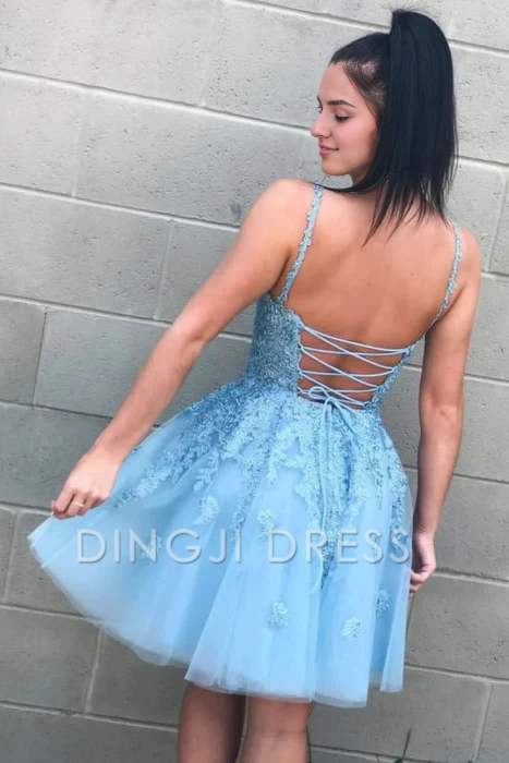 DingJiDress Short Prom Dress A Line V Neck Spaghetti Strap Backless Lace Appliques Tulle Cute Homecoming Dress