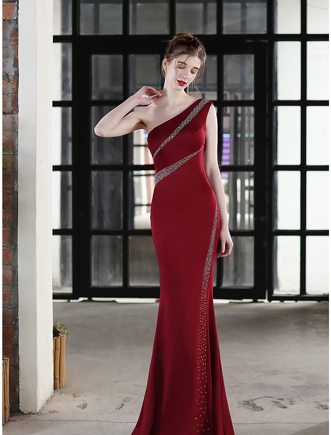 Evening Gown Sexy Dress Wedding Guest Floor Length Sleeveless One Shoulder Stretch Satin with Crystals