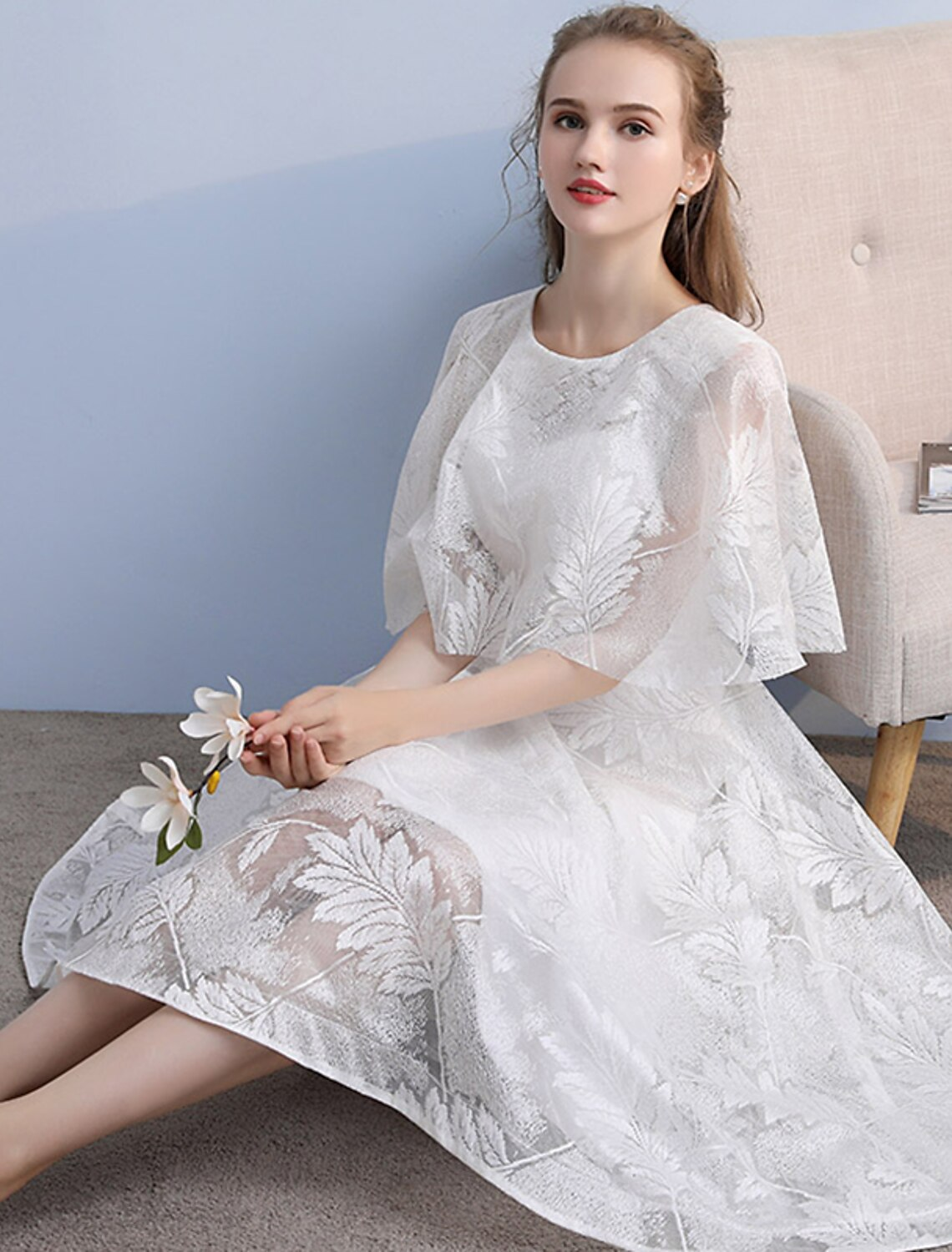 A-Line Cocktail Dresses Vintage Dress Party Wear Knee Length Half Sleeve Jewel Neck Lace with Sleek