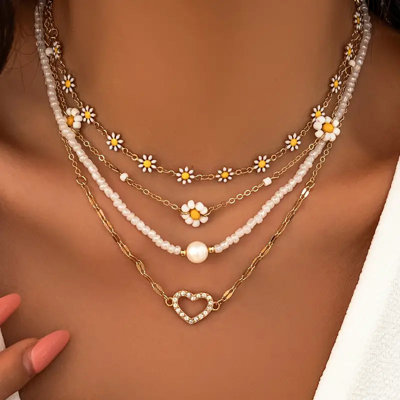 DingJi 4pcs/set Boho Vacation Style Drip Oil Small Flower Inlaid Rhinestone Hollow Heart Pendant Pearl Beaded Multilayer Necklace Jewelry For Women