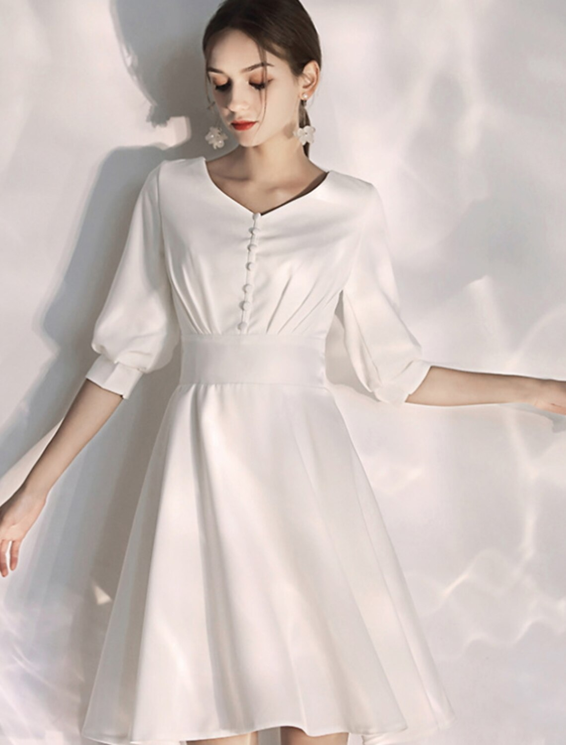 Bachelorette Party Little White Dresses Wedding Dresses Knee Length A-Line Half Sleeve V Neck Stretch Fabric