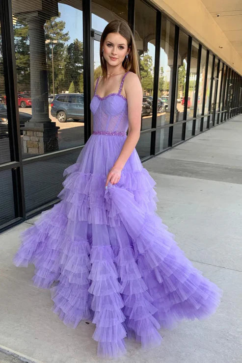 DingJiDress Sweetheart Evening Dress Ruffle Tulle A-Line Long Prom Dresses Lilac