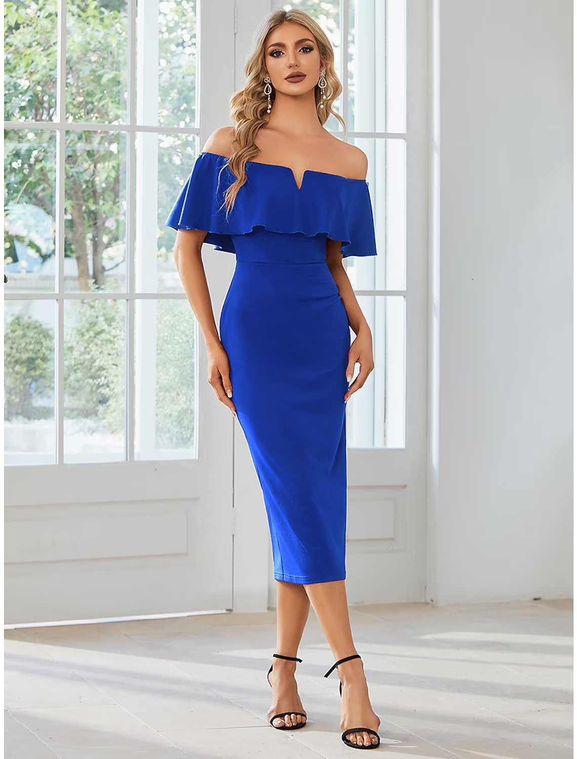 Wedding Guest Dresses Dress Party Wear Tea Length Short Sleeve Off Shoulder Stretch Fabric with Slit