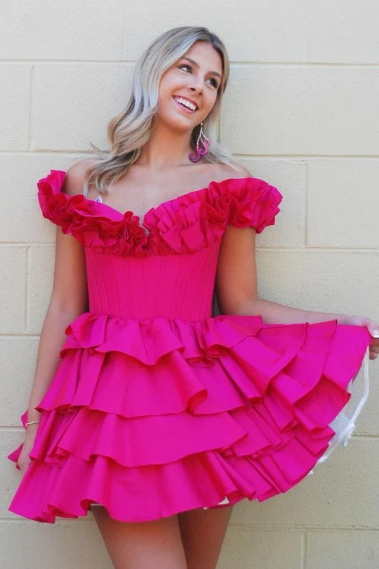 DingJiDress A-Line Empire-Waist Short Homecoming Dress Hot Pink Off the Shoulder Ruffle Satin