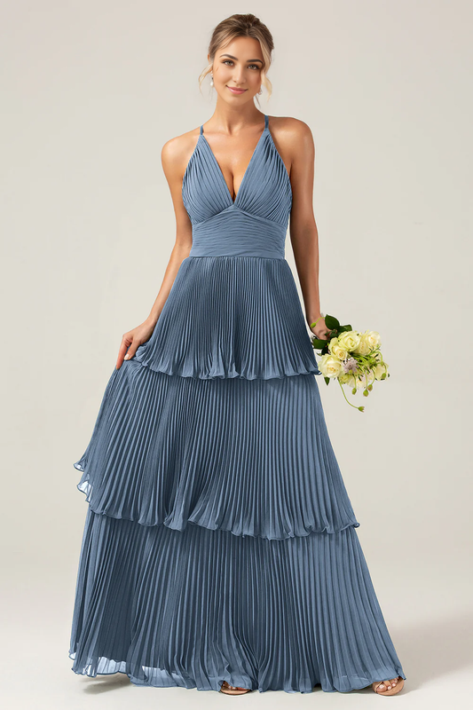 DingJiDress A-Line Wedding Guest Dresses Halter Tiered Floor Length Chiffon Long Bridesmaid Dress