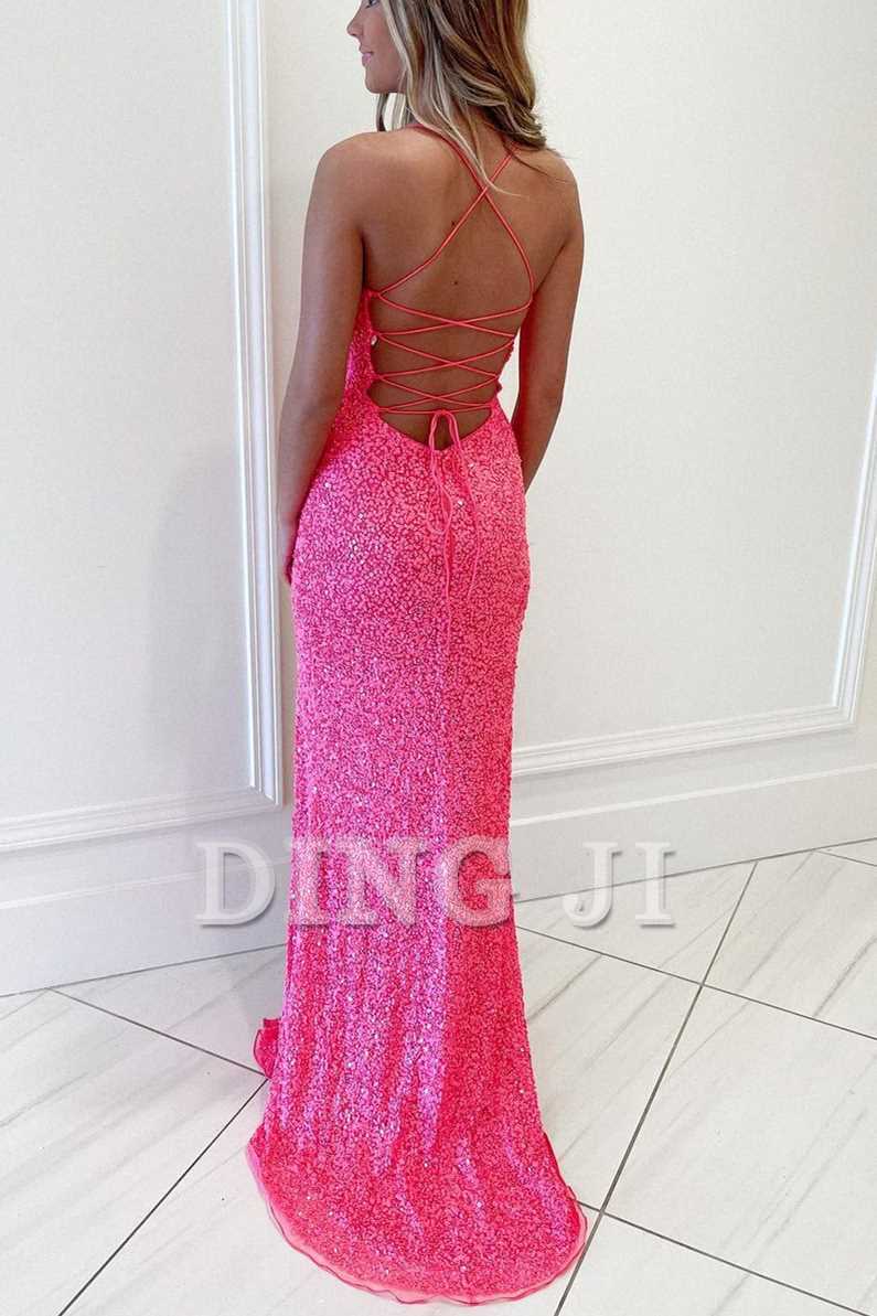 DingJiDress Evening Dress Spaghetti Strap Sequins Mermaid Cultivate oneself Backless Side Fork Sweep Train Charming Formal Women's Dresses Wedding Guest Dresses