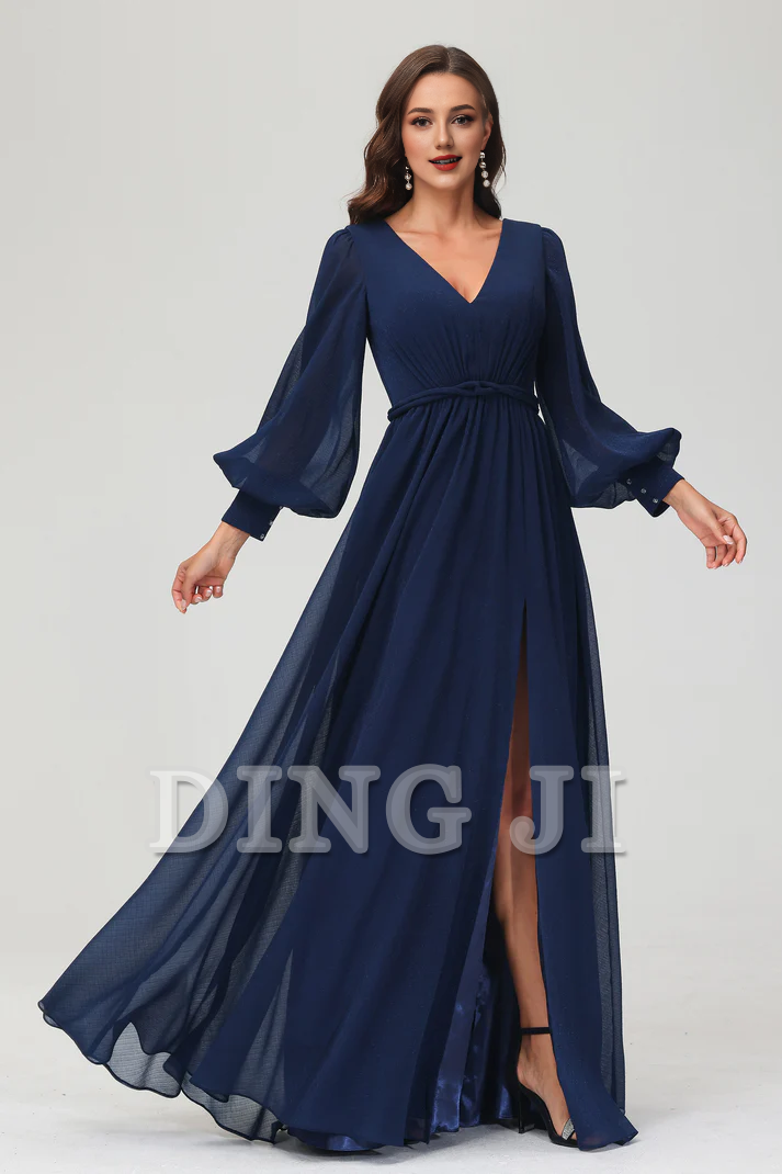 DingJiDress Evening Dress A-Line V-neck Long Sleeves V Neck Floor Length Dress Side Fork Elegant Exquisite Wedding Guest Dresses