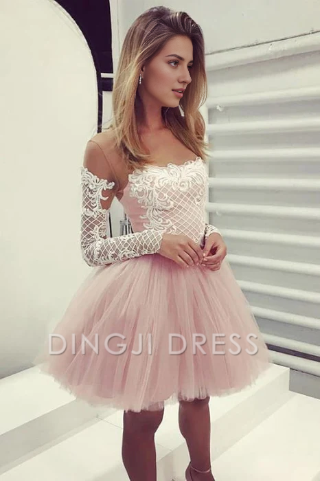 DingJiDress Short Prom Dress A-Line Sheer Neck Long Sleeves Tulle Cocktail Dress With Appliques Sweet Best Selling Homecoming Dress