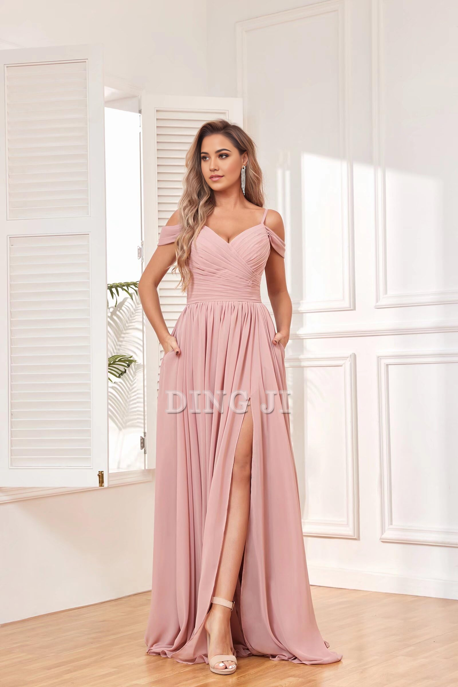DingJiDress Bridesmaid Dresses Elegant V Neck Off The Shoulder Ruched Chiffon Side Fork Long Formal Wear Dresses