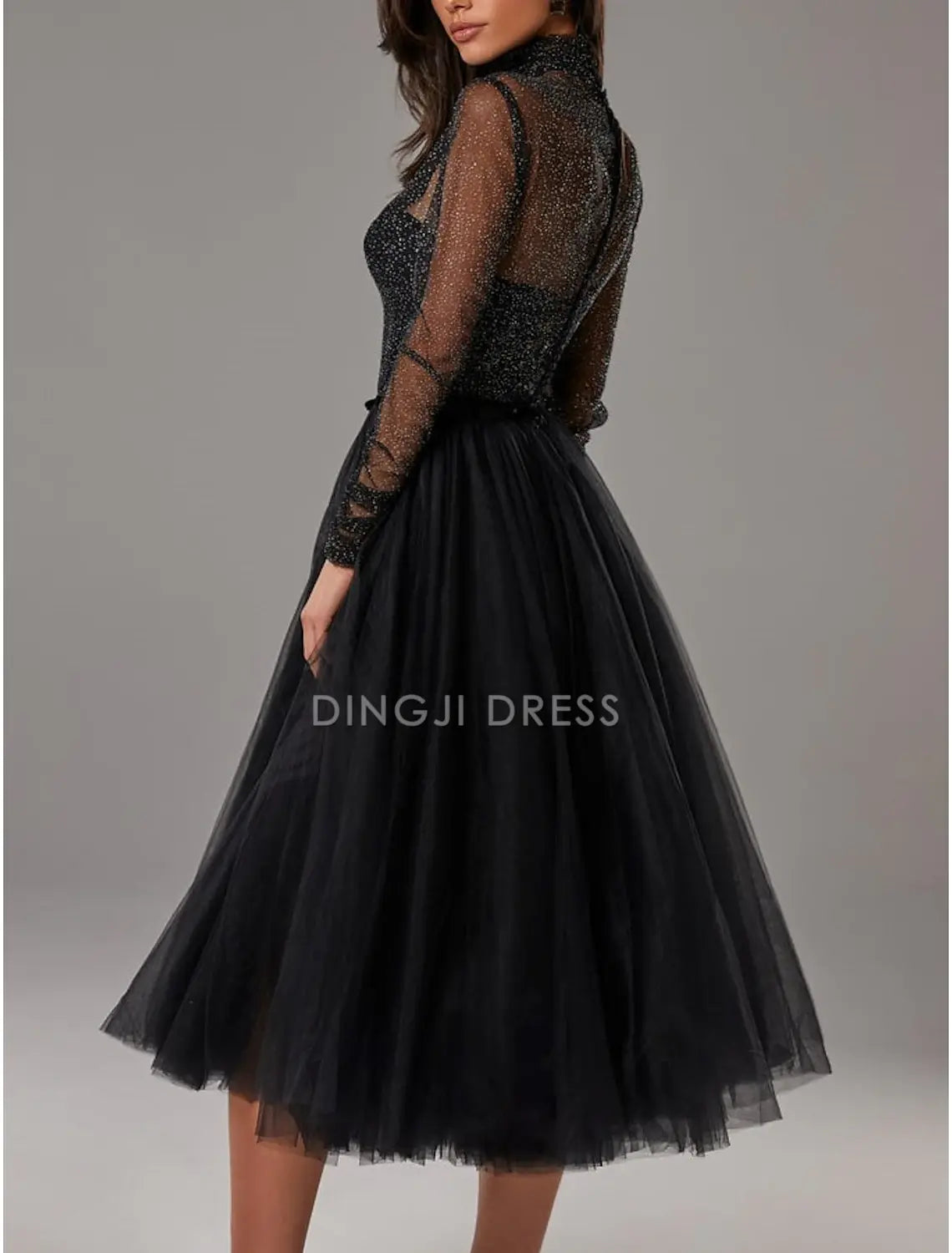 DingJiDress Hot Sale Short Prom Dress Elegant A-Line Cocktail Dresses Wedding Guest Knee Length Long Sleeve High Neck Tulle with Pleats Pure Color Charming New Homecoming Dress
