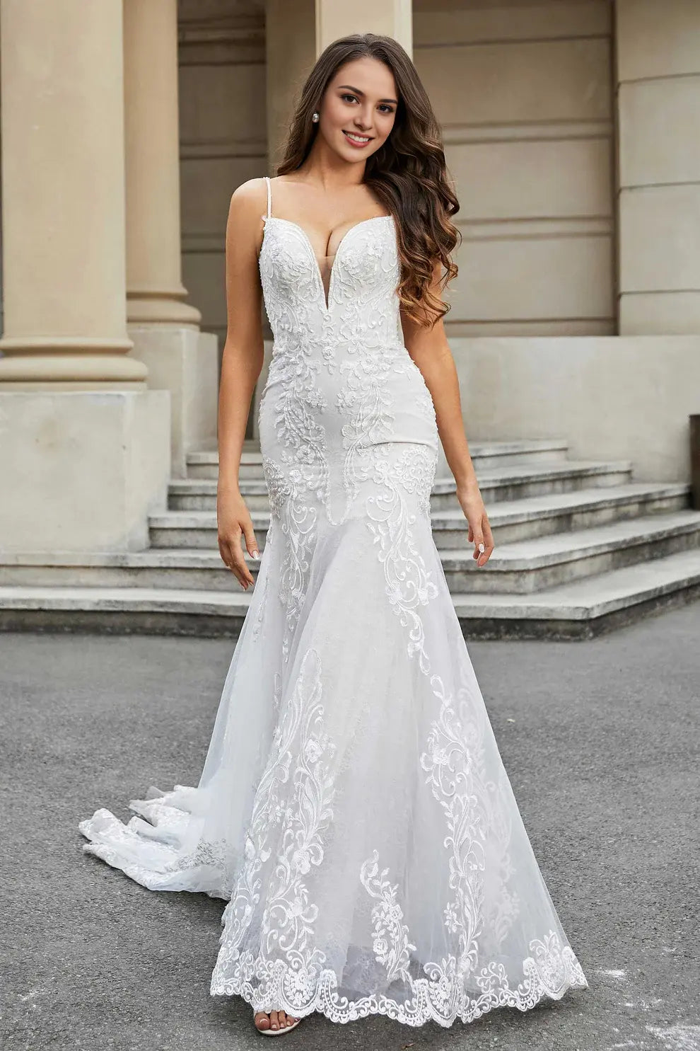 Exquisite Mermaid Spaghetti Straps Plunging V-Neck Backless Lace Applique Chapel Train Affordable Hot Sale Wedding Dress