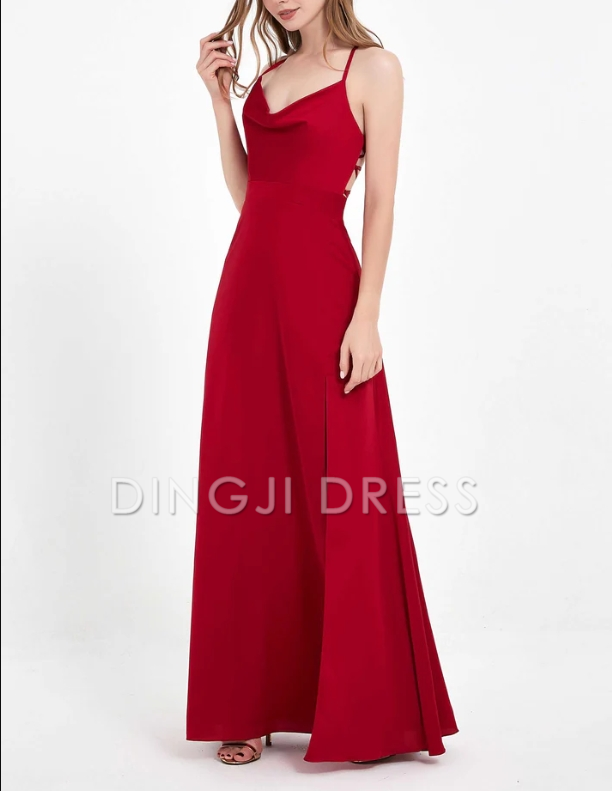 DingJiDress Evening Dress A-Line Cowl Neck Spaghetti Straps Lace up Back Satin Split fork Long Simple Dress Floor-Length Formal Dress