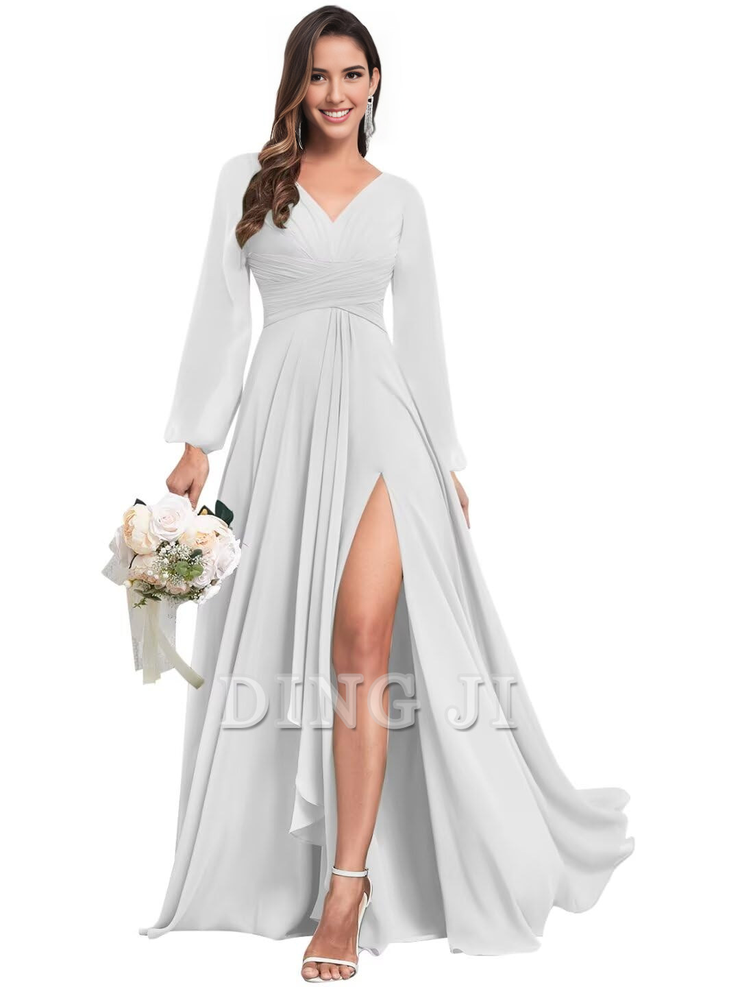 DingJiDress Bridesmaid Dresses Elegant Chiffon Long Sleeves V Neck Ruffle Side Fork Long Formal Wear Dresses