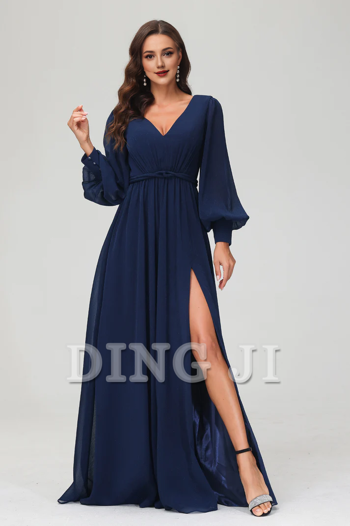 DingJiDress Evening Dress A-Line V-neck Long Sleeves V Neck Floor Length Dress Side Fork Elegant Exquisite Wedding Guest Dresses