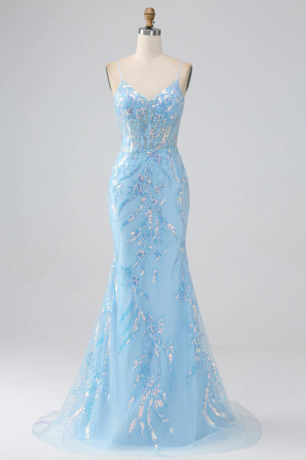 DingJiDress Sparkly Light Blue Mermaid Spaghetti Straps Long Prom Dress With Beading