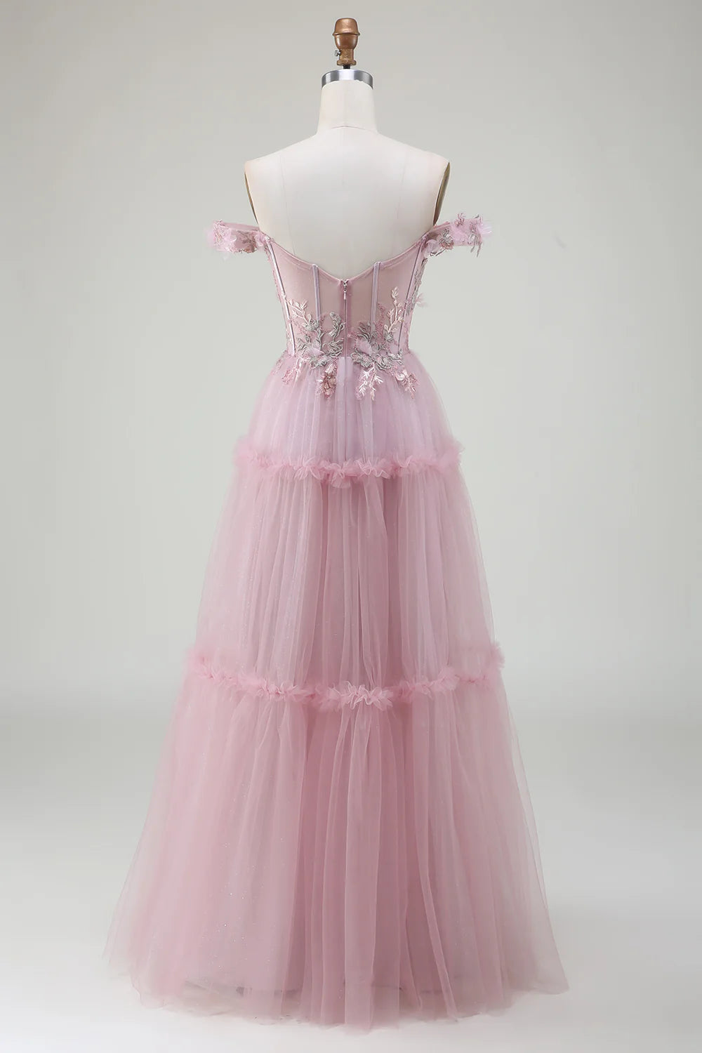 DingJiDress Off the Shoulder Tulle Pink Prom Dress with Appliques