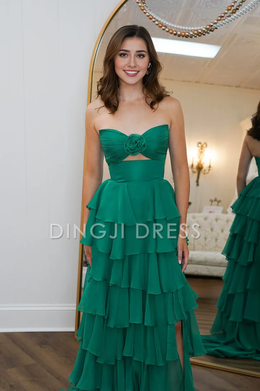 DingJiDress Cute A Line V Neck Pleated Bodice Chiffon Tiered with Slit Prom Dress
