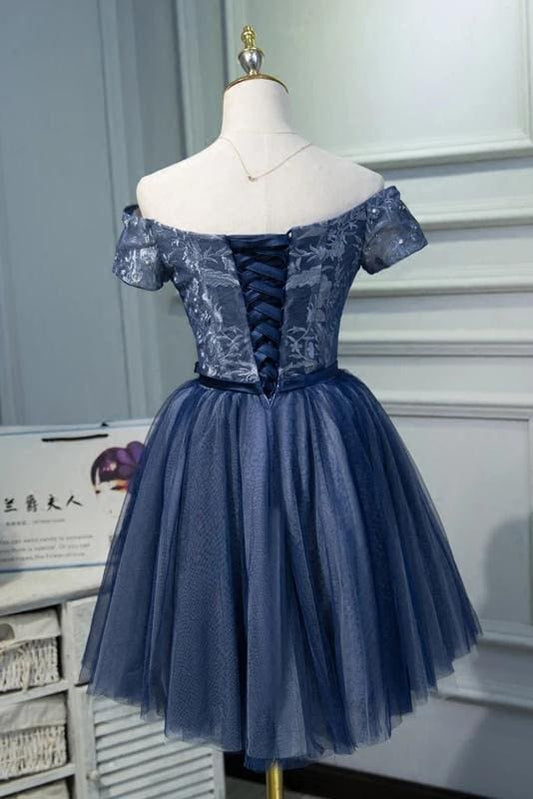DingJiDress Short Prom Dress A Line Off The Shoulder Tulle Belt Cute Graduation Dress Applique Exquisite Homecoming Dress
