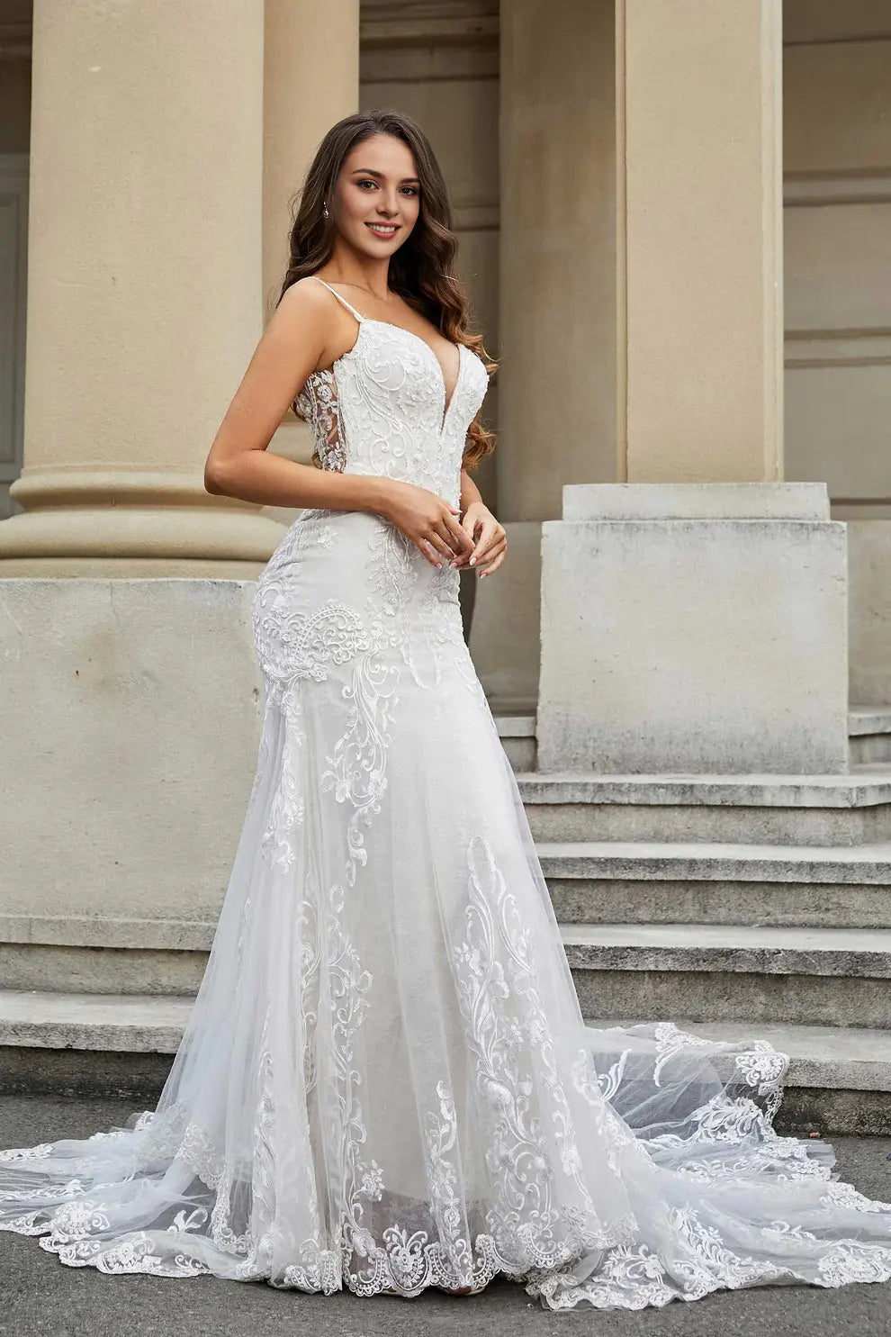 Exquisite Mermaid Spaghetti Straps Plunging V-Neck Backless Lace Applique Chapel Train Affordable Hot Sale Wedding Dress