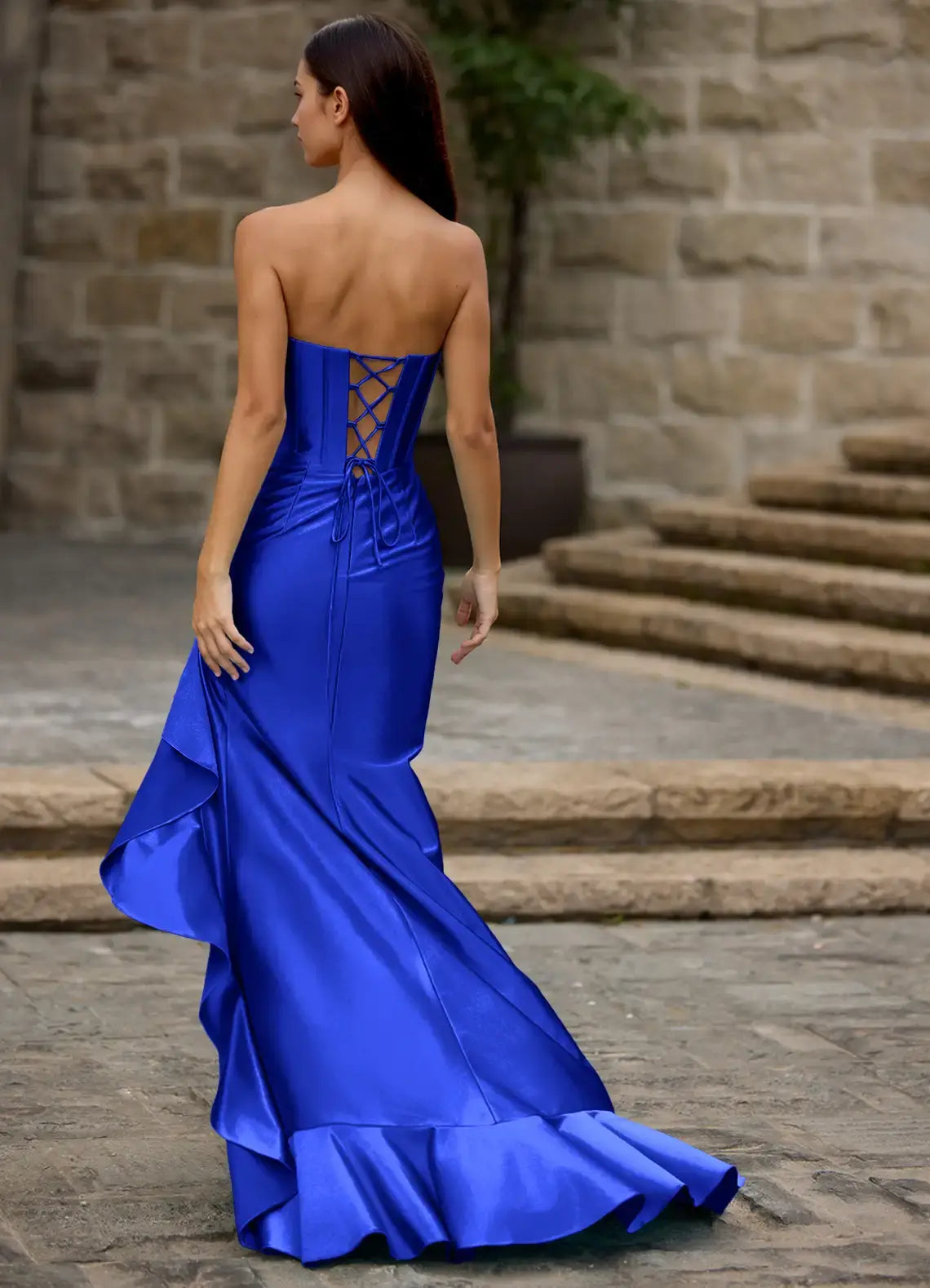 Royal Blue Unique Mermaid Strapless Pleated Corset Irregular Lotus Leaf Edge Backless Affordable Formal Dress Fashion Prom Dress