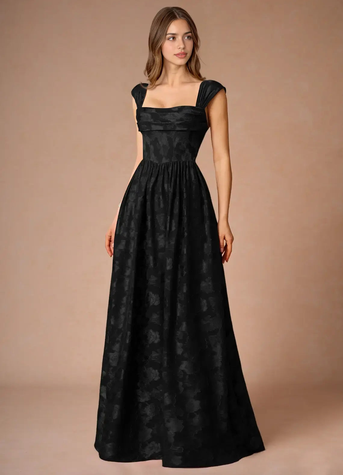 Black Jacquard A Line Square Neck Pleated Sleeveless Backless Retro Formal Dresses Elegant Affordable Prom Dress