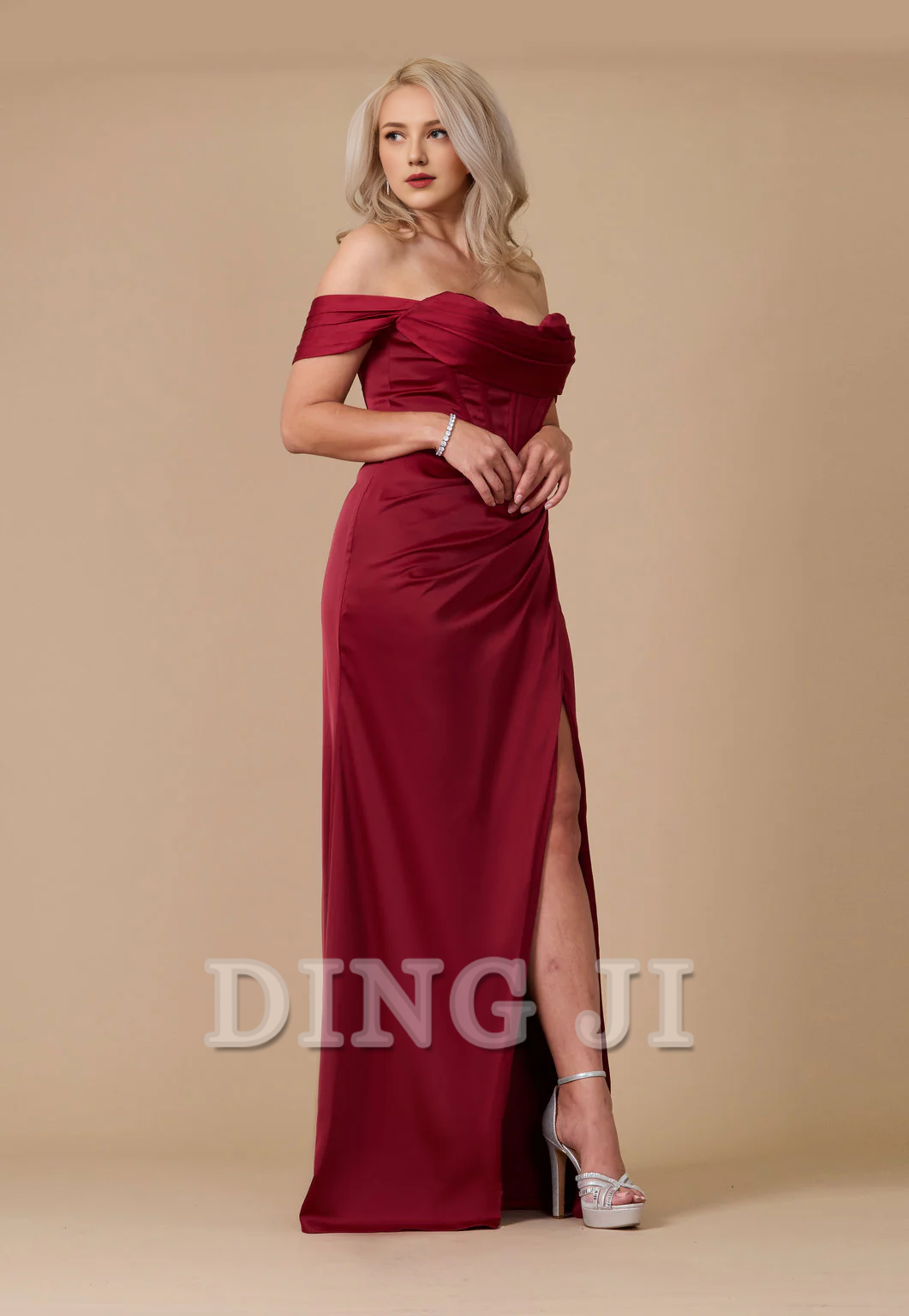 DingJiDress Bridesmaid Dresses Off Shoulder sweetheart neckline Corset Satin Backless Side Fork Dresses Long Wedding Guests Dresses