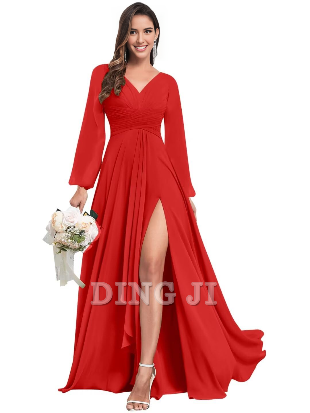 DingJiDress Bridesmaid Dresses Elegant Chiffon Long Sleeves V Neck Ruffle Side Fork Long Formal Wear Dresses