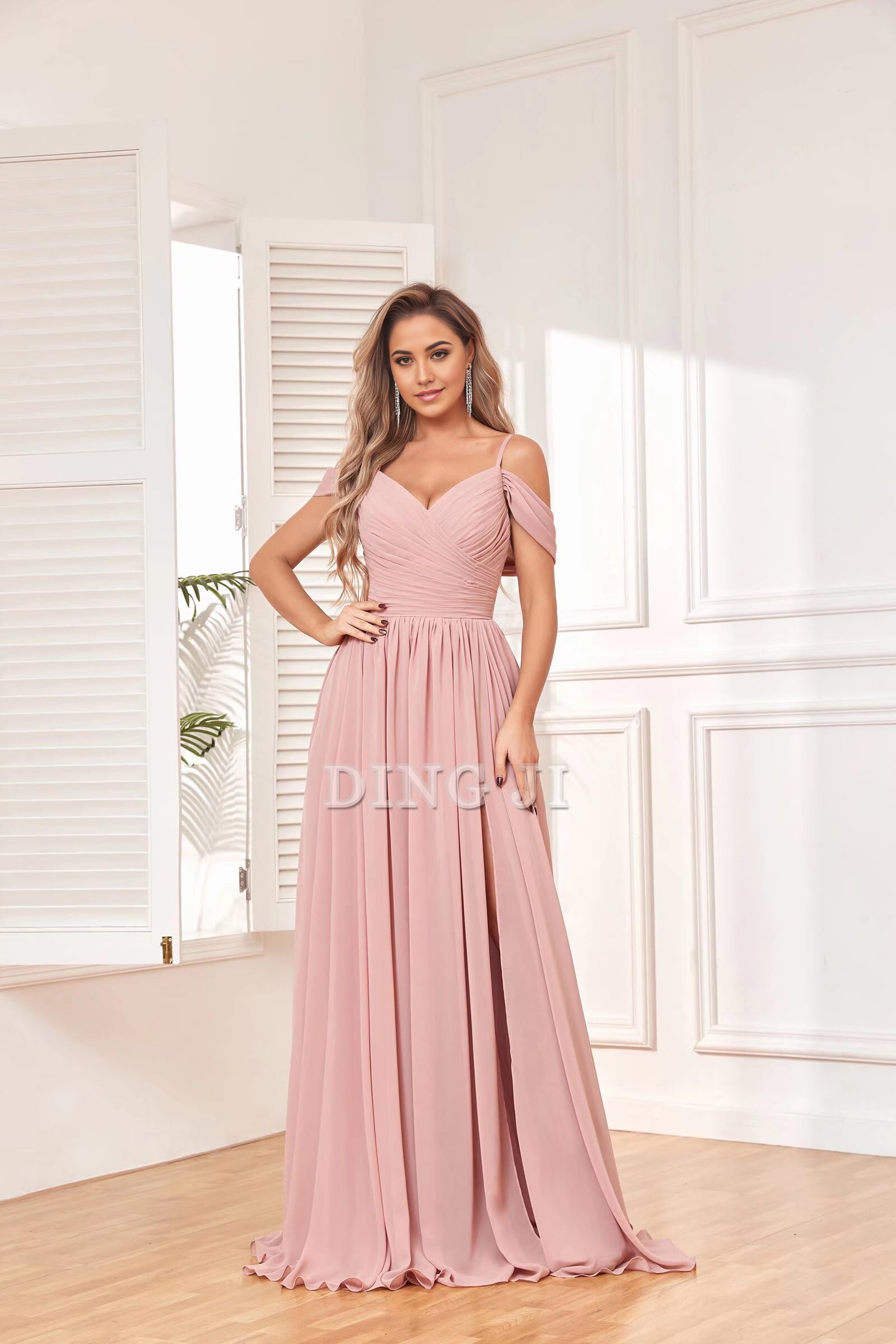 DingJiDress Bridesmaid Dresses Elegant V Neck Off The Shoulder Ruched Chiffon Side Fork Long Formal Wear Dresses