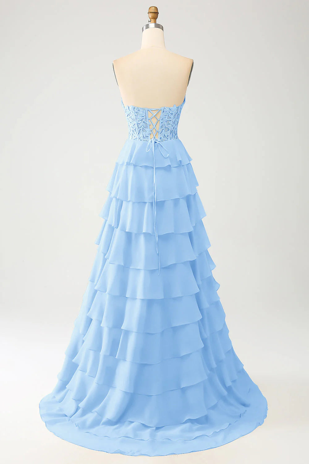 DingJiDress Sky Blue A-Line Sweetheart Tiered Corset Long Prom Dress
