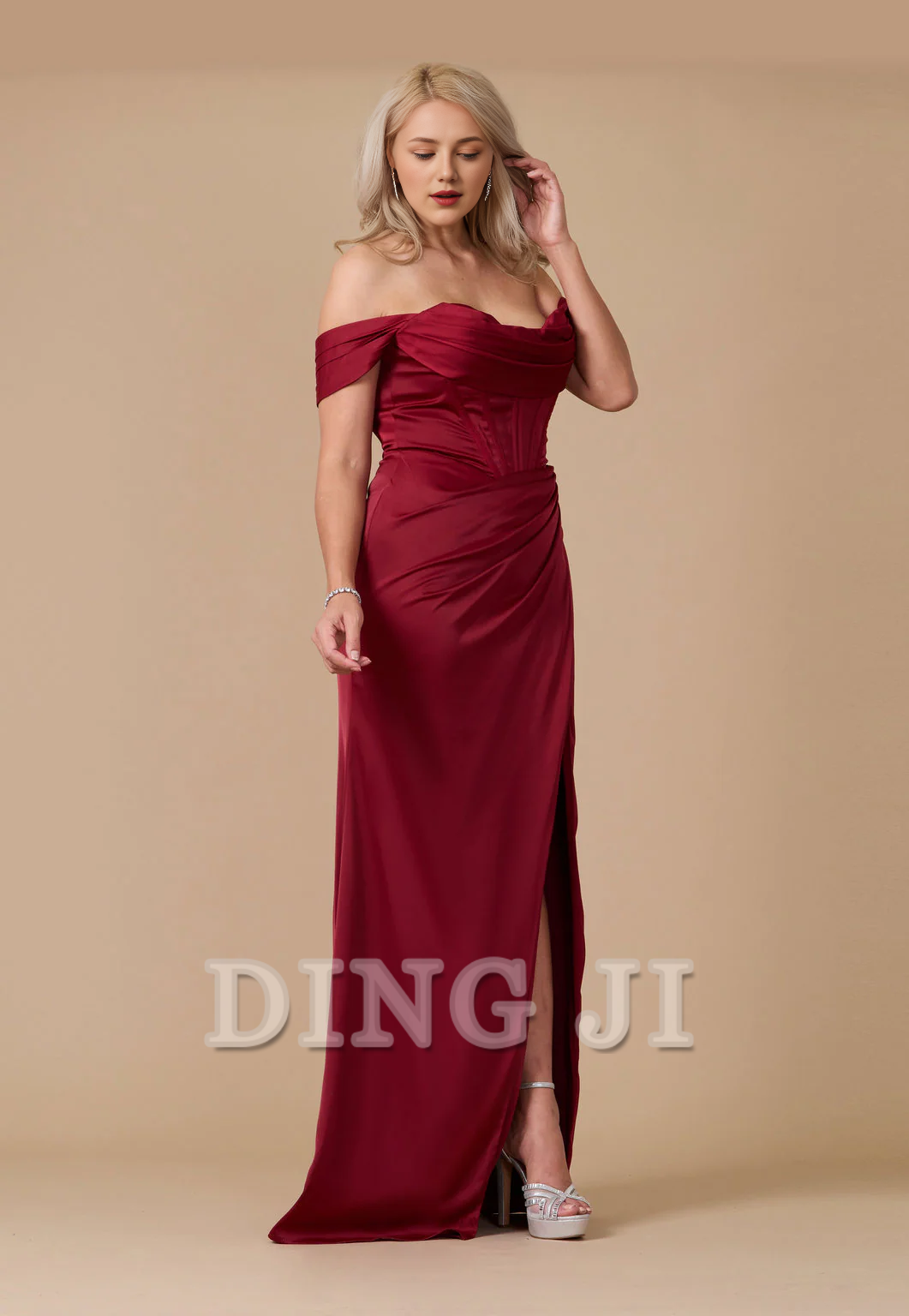DingJiDress Bridesmaid Dresses Off Shoulder sweetheart neckline Corset Satin Backless Side Fork Dresses Long Wedding Guests Dresses