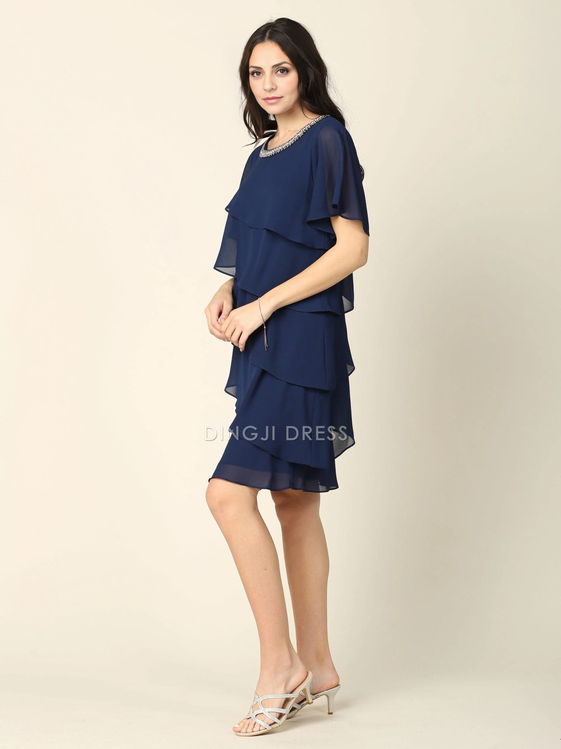 DingJiDress Evening Dress Round Neck Tiers Beautiful Knee-Length Mother Of The Bride Dress