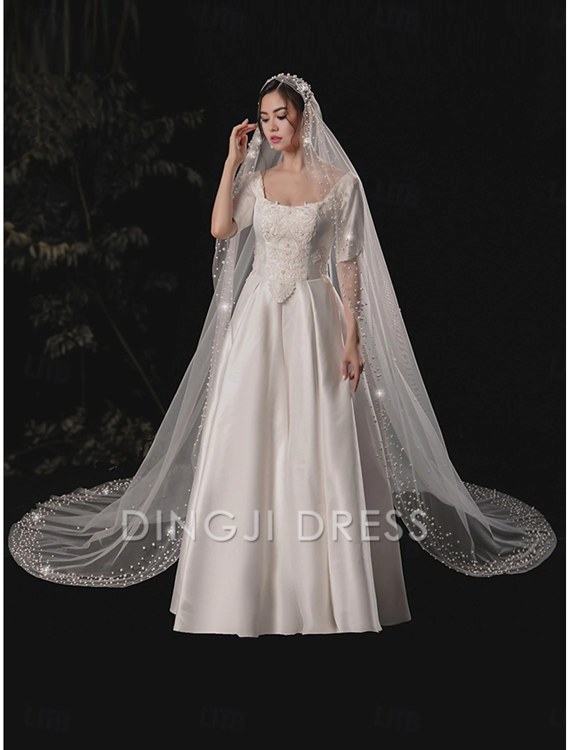 Ding Ji One-tier Comtemporary Stylish Wedding Veil Cathedral Veils with Faux Pearl Youthful Charming Tulle Hot Sale Veil