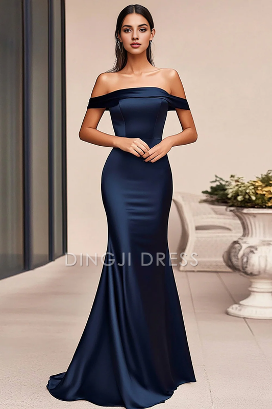 DingJiDress High Quality Dress Mermaid Off The Shoulder Elegant Simple Long Satin Prom Dress