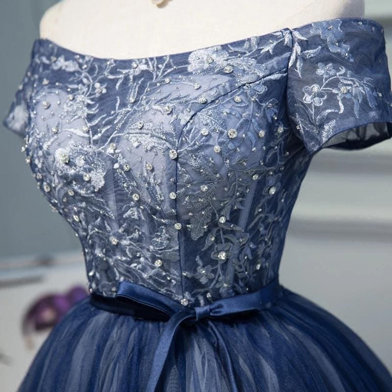 DingJiDress Short Prom Dress A Line Off The Shoulder Tulle Belt Cute Graduation Dress Applique Exquisite Homecoming Dress