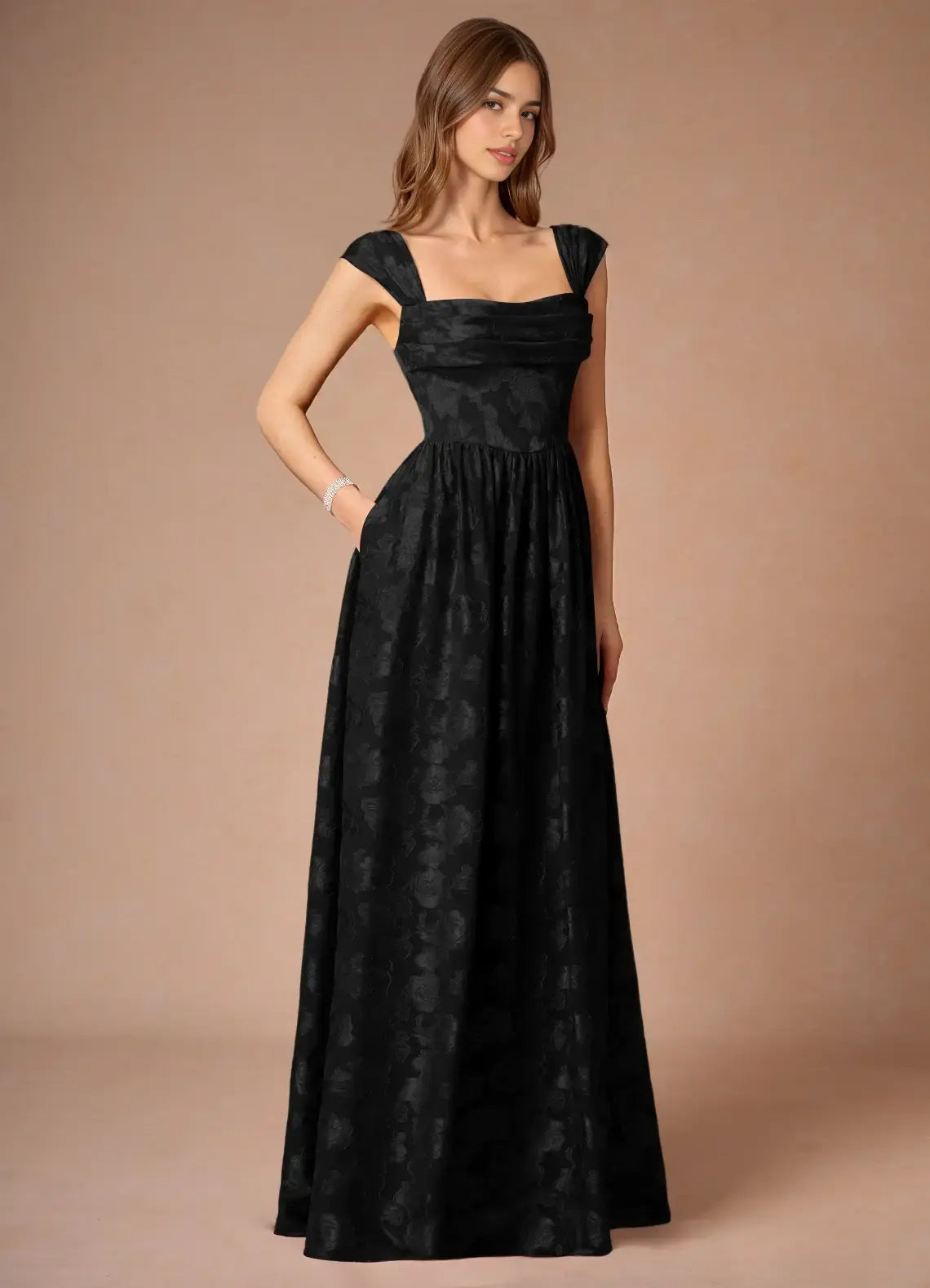 Black Jacquard A Line Square Neck Pleated Sleeveless Backless Retro Formal Dresses Elegant Affordable Prom Dress